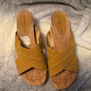 Adrienne Vittadini Mustard Yellow Cork Slide Mules